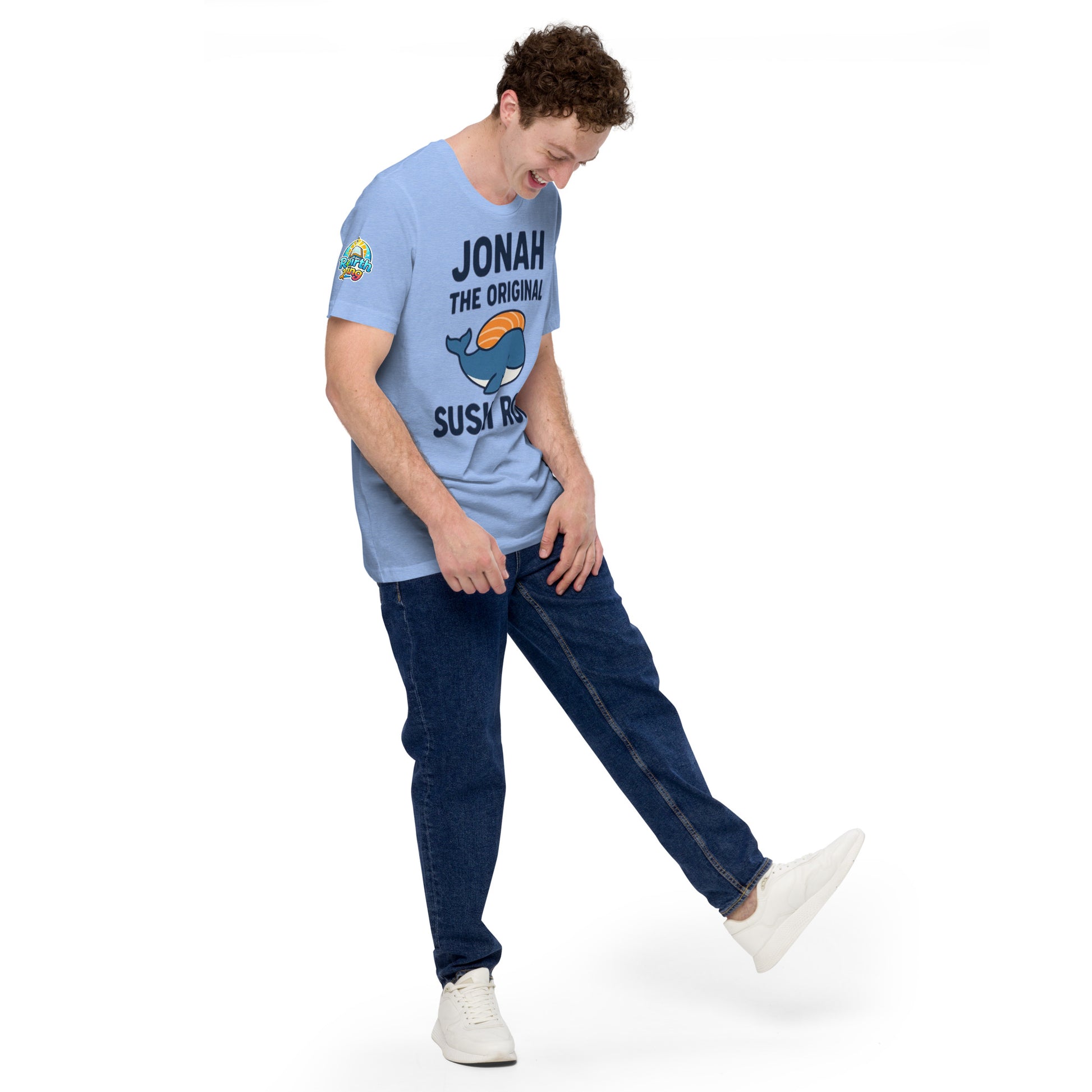 Model wearing “Jonah the Original Sushi Roll” – funny Christian unisex t-shirt, heather carolina blue, Bible humor design with blue whale carrying sushi by ReBirth Living