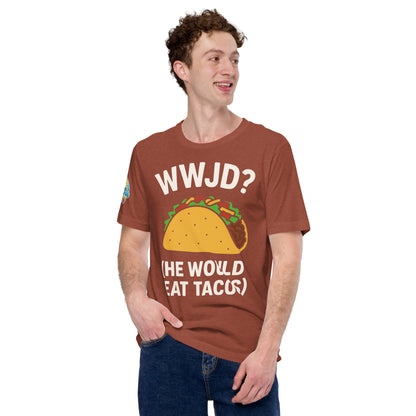 WWJD? (He Would Eat Tacos) – funny Christian t-shirt, heather clay, faith-based humor design by ReBirth Living