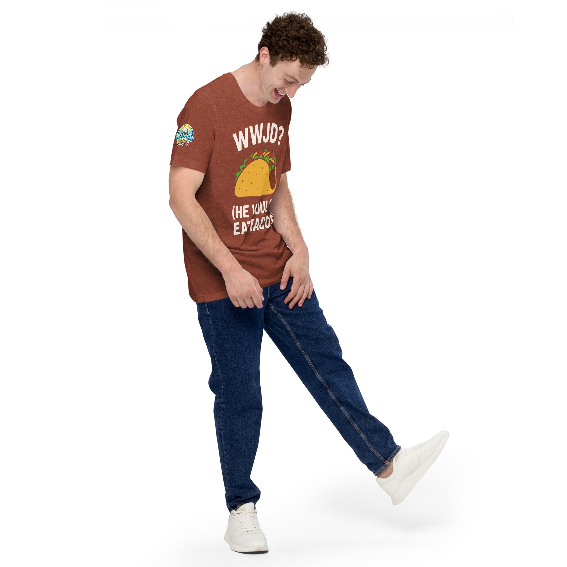 WWJD? (He Would Eat Tacos) – funny Christian t-shirt, heather clay, faith-based humor design by ReBirth Living