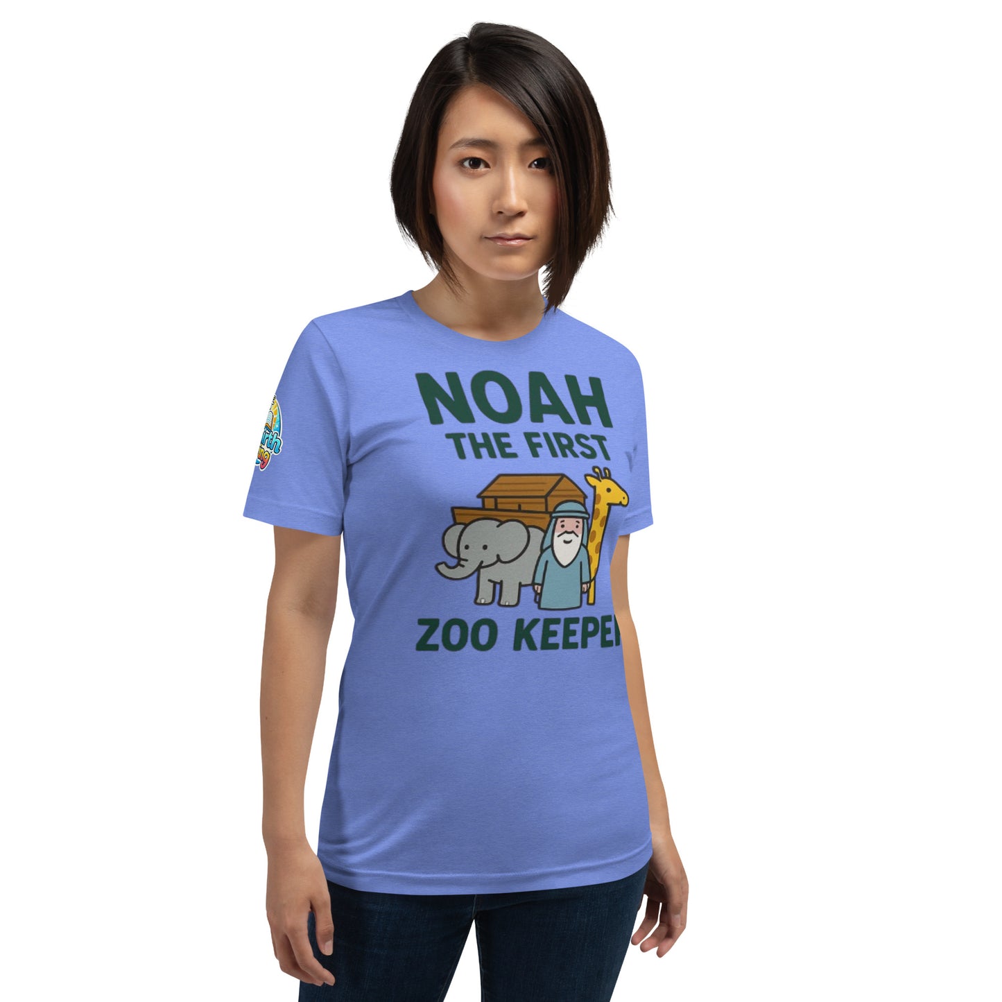 Model wearing a Noah the First Zoo Keeper – funny Christian t-shirt, heather columbia blue, Bible humor animal design by ReBirth Living