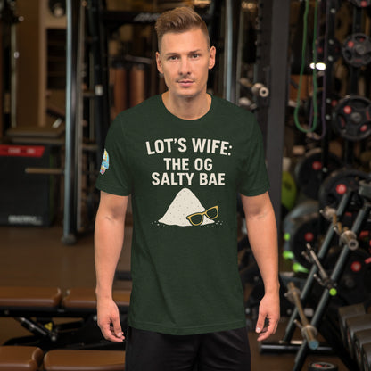 Model waring a Lot's Wife The OG Salty Bae – funny Christian t-shirt, heather emerald, Bible humor design by ReBirth Living in a gym setting.