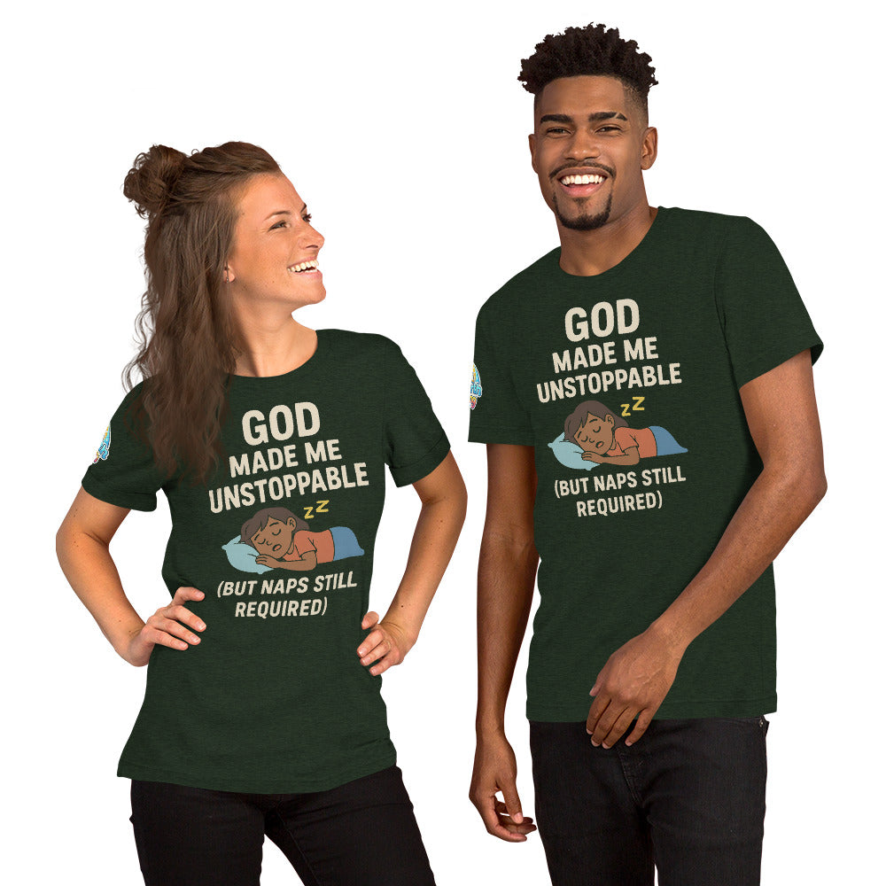 Models showcasing a God Made Me Unstoppable (But Naps Still Required) – funny Christian t-shirt, heather emerald, brown skin character design by ReBirth Living