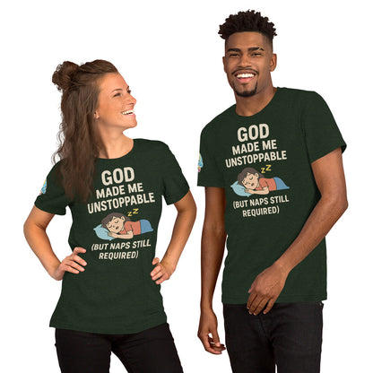 God Made Me Unstoppable (But Naps Still Required) – funny Christian t-shirt, heather emerald, light skin character design by ReBirth Living
