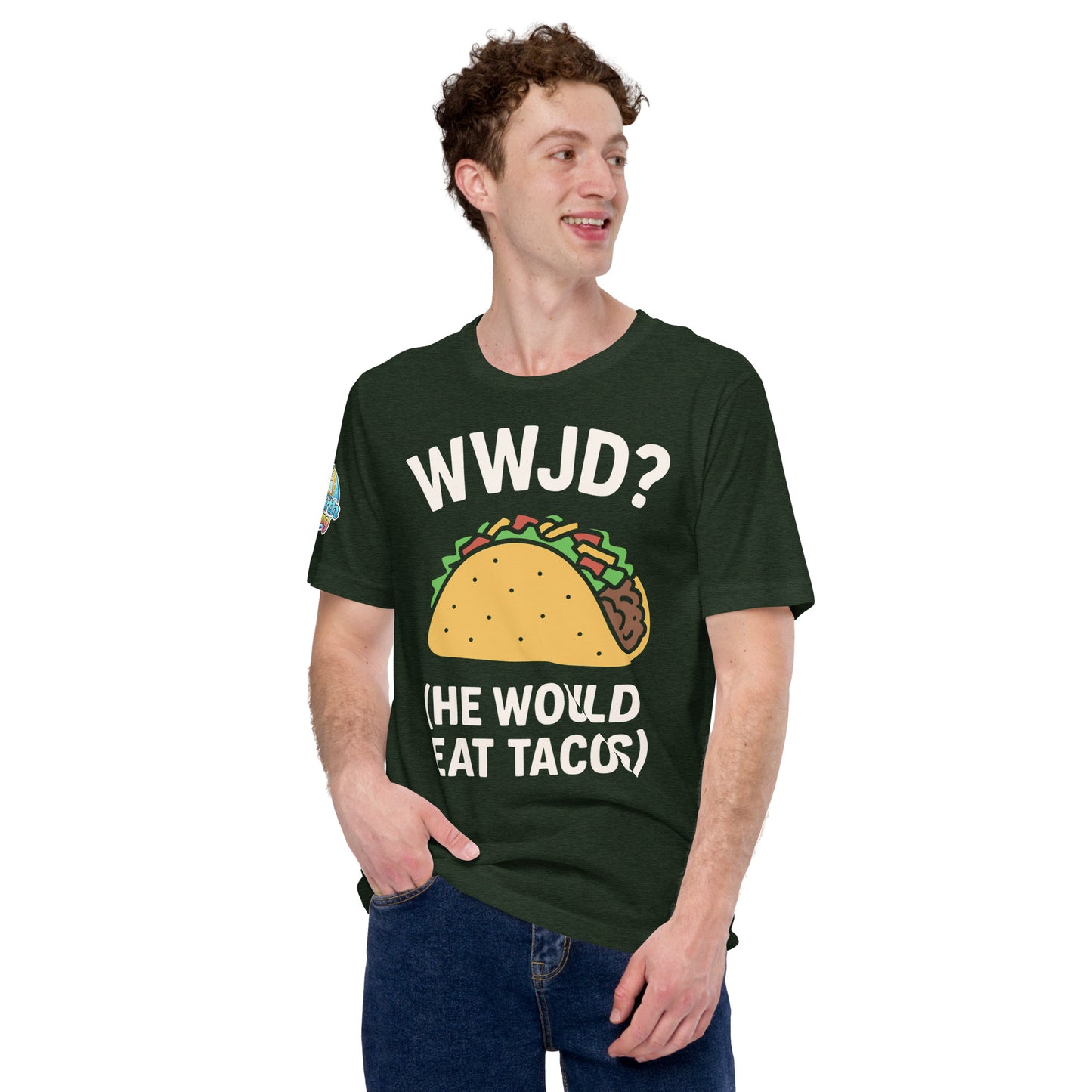 WWJD? (He Would Eat Tacos) – funny Christian t-shirt, heather emerald, with humorous faith-based design by ReBirth Living