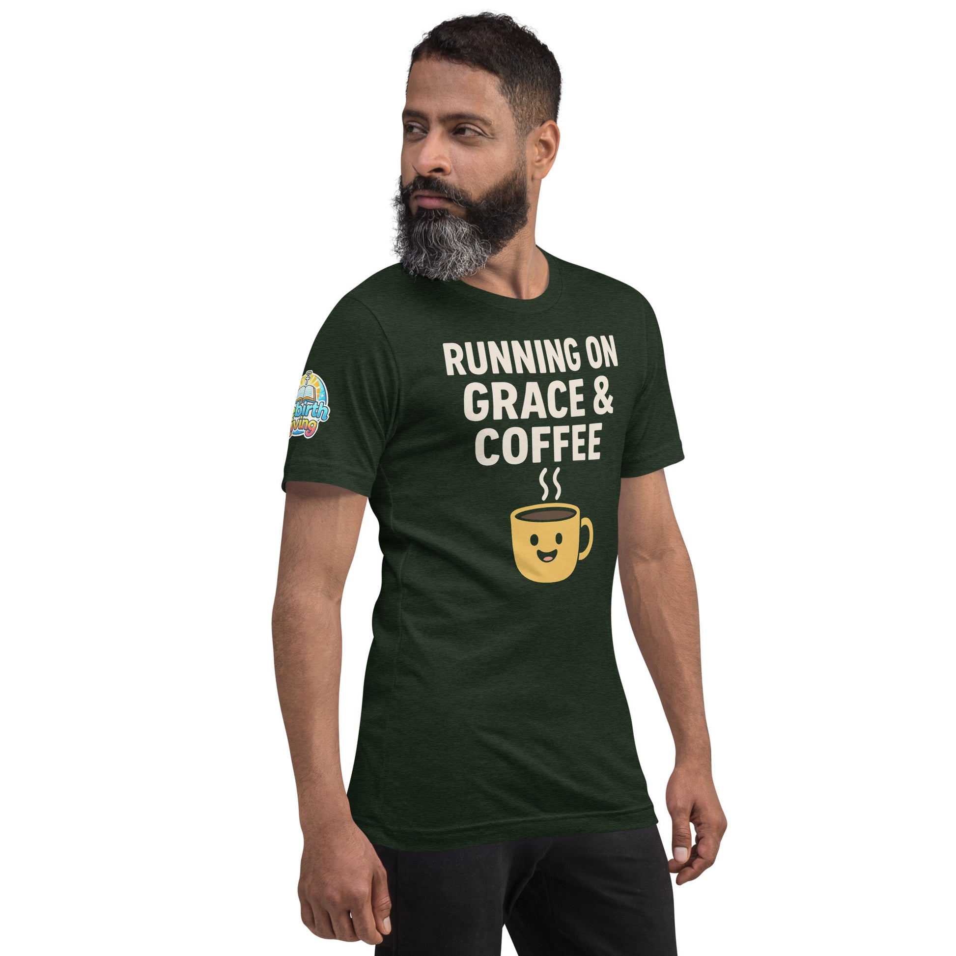 Running on Grace & Coffee – funny Christian t-shirt, heather emerald, faith-based humor design with a smiling coffee mug by ReBirth Living
