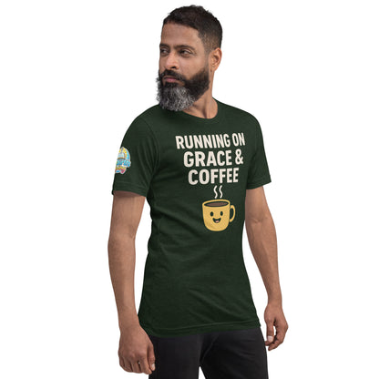 Running on Grace & Coffee – funny Christian t-shirt, heather emerald, faith-based humor design with a smiling coffee mug by ReBirth Living