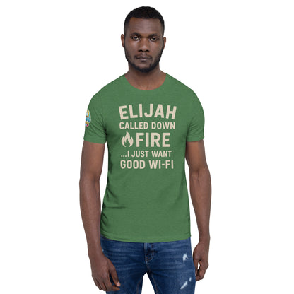 Model wearing a Elijah Called Down Fire… I Just Want Good Wi-Fi – funny Christian t-shirt, heather grass green, Bible humor design by ReBirth Living