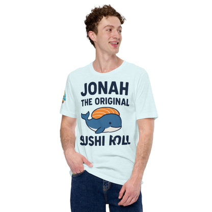 Model wearing “Jonah the Original Sushi Roll” – funny Christian unisex t-shirt, heather ice blue, Bible humor design with blue whale carrying sushi by ReBirth Living