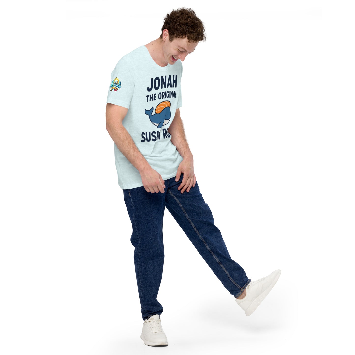 Model wearing “Jonah the Original Sushi Roll” – funny Christian unisex t-shirt, heather ice blue, Bible humor design with blue whale carrying sushi by ReBirth Living