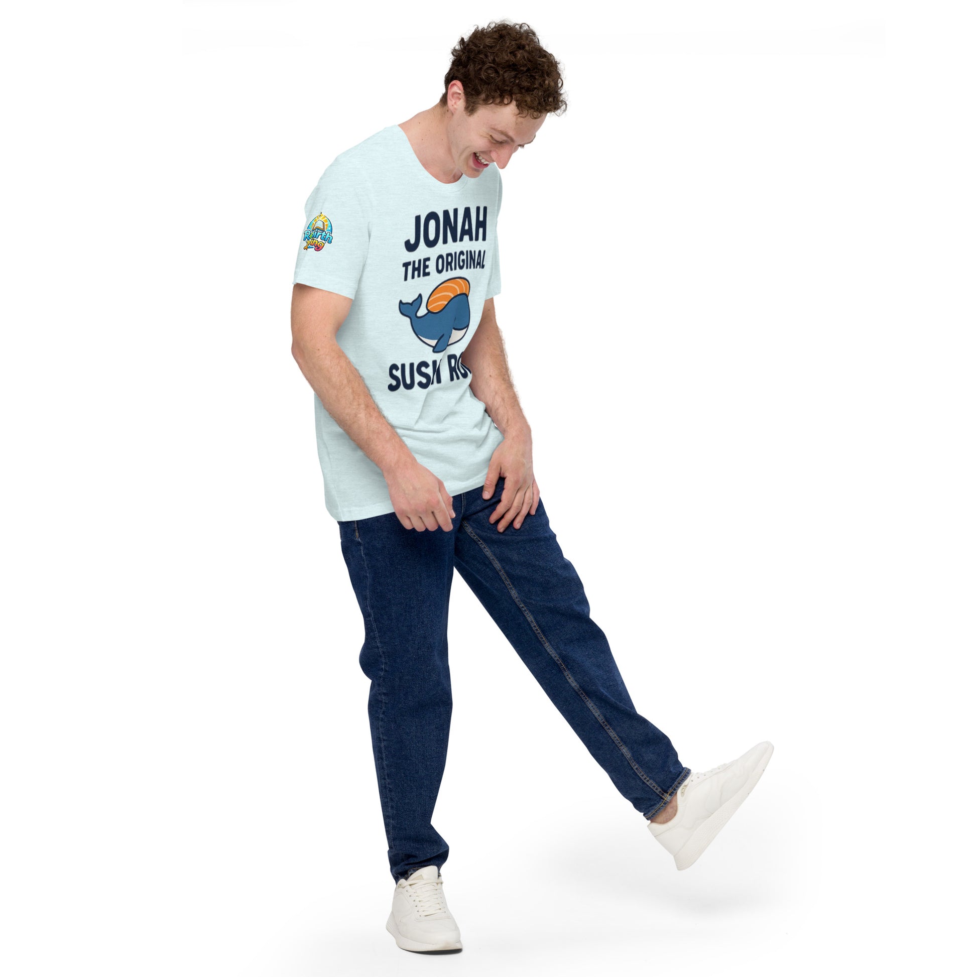Model wearing “Jonah the Original Sushi Roll” – funny Christian unisex t-shirt, heather ice blue, Bible humor design with blue whale carrying sushi by ReBirth Living