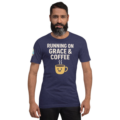 Running on Grace & Coffee – funny Christian t-shirt, heather midnight navy, faith-based humor design with a smiling coffee mug by ReBirth Living
