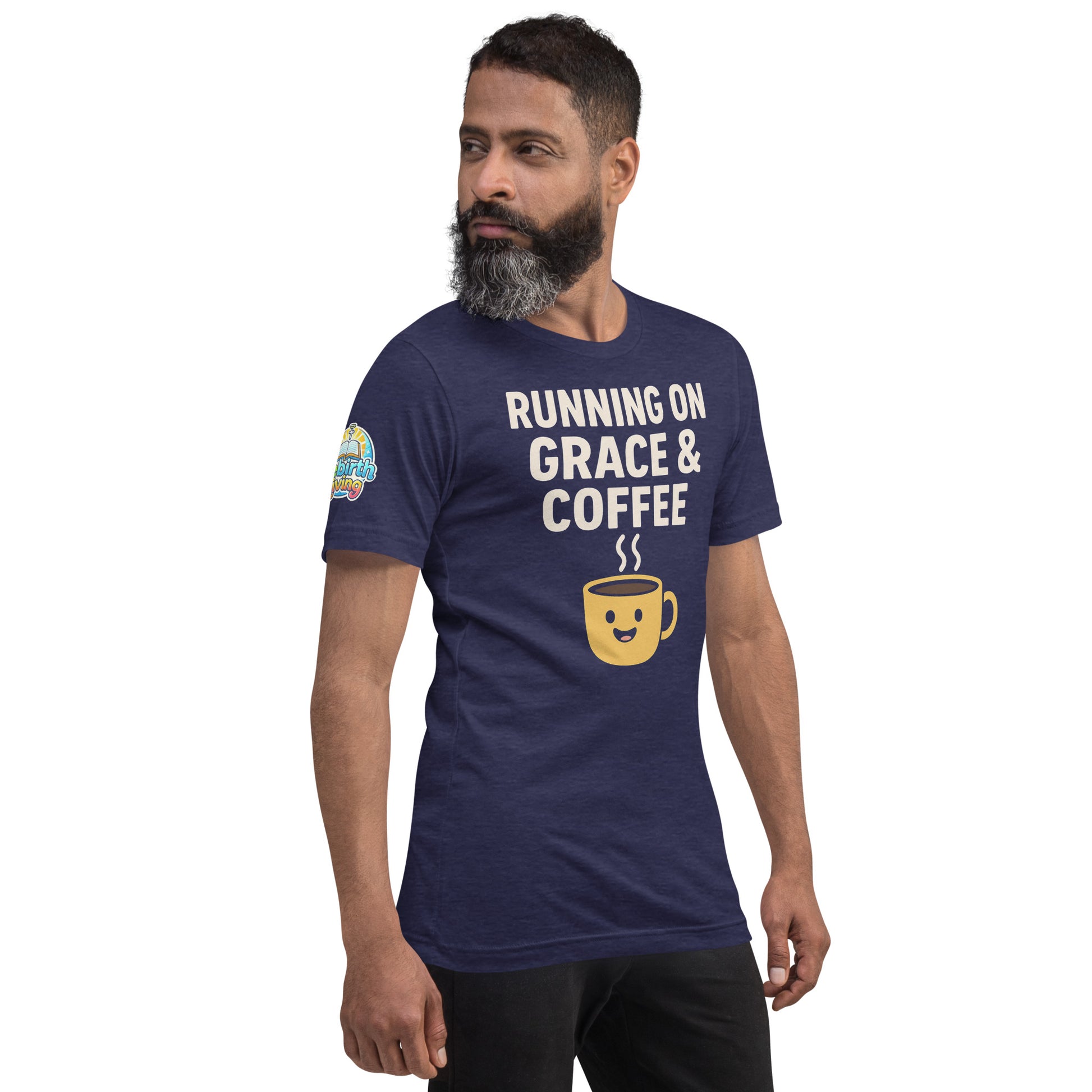 Running on Grace & Coffee – funny Christian t-shirt, heather midnight navy, faith-based humor design with a smiling coffee mug by ReBirth Living
