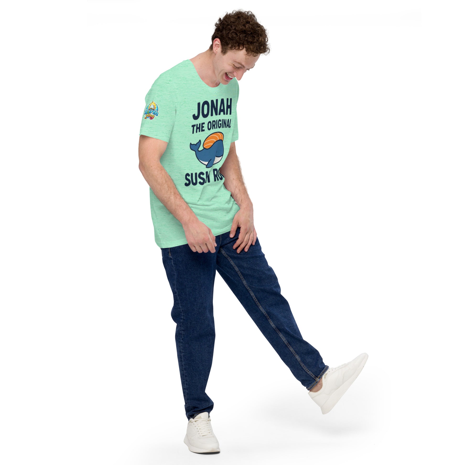 Model wearing “Jonah the Original Sushi Roll” – funny Christian unisex t-shirt, heather mint, Bible humor design with blue whale carrying sushi by ReBirth Living