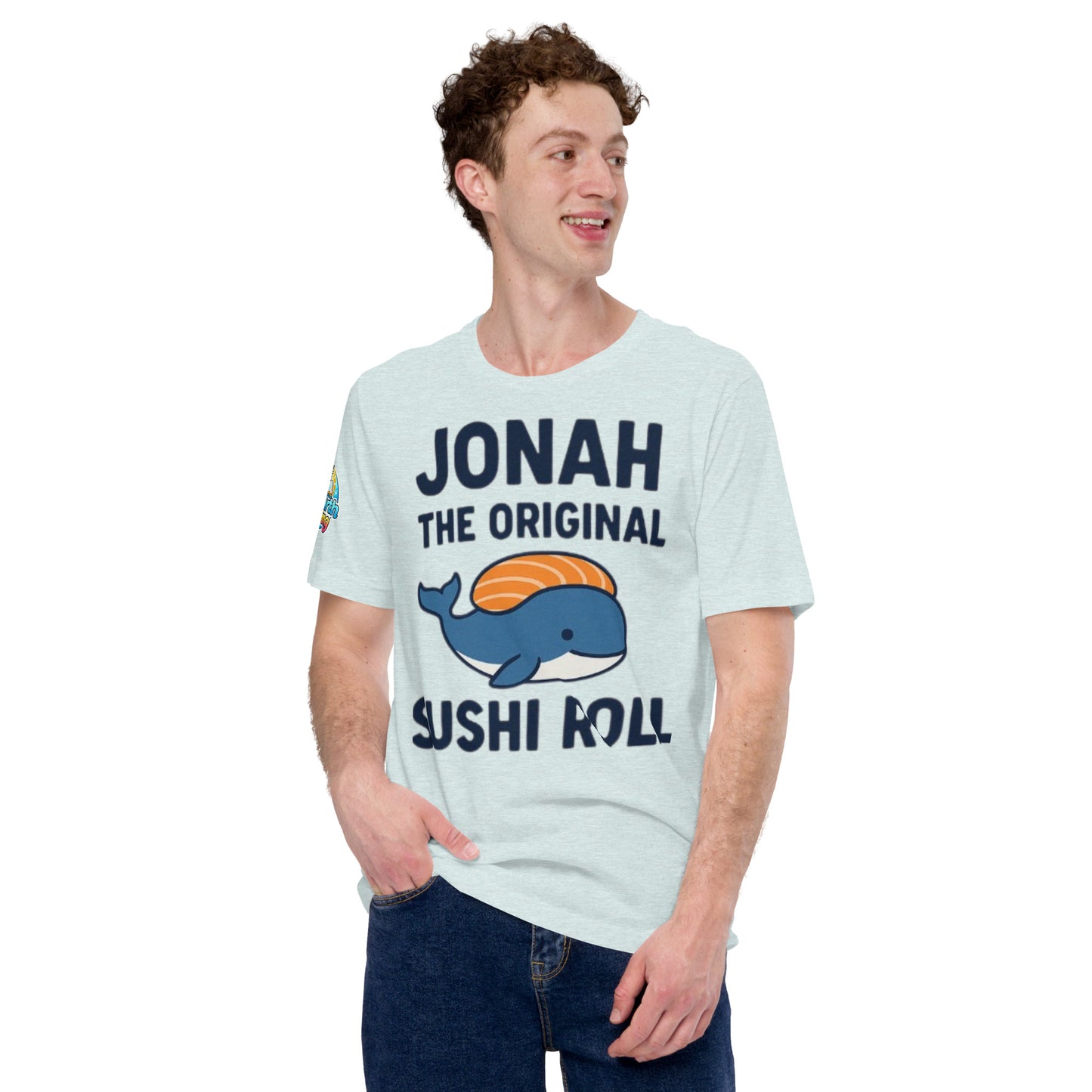 Model wearing “Jonah the Original Sushi Roll” – funny Christian unisex t-shirt, heather prism, Bible humor design with blue whale carrying sushi by ReBirth Living