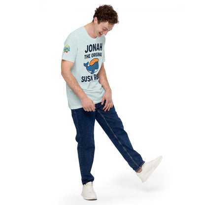 Model wearing “Jonah the Original Sushi Roll” – funny Christian unisex t-shirt, heather prism, Bible humor design with blue whale carrying sushi by ReBirth Living