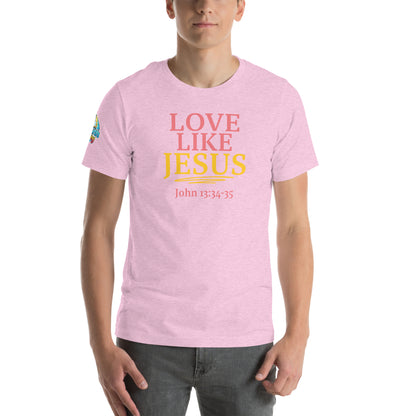 A person is wearing a Love Like Jesus Christian t-shirt – bold faith graphic tee for men and women, heather prism pink, unisex design by ReBirth Living