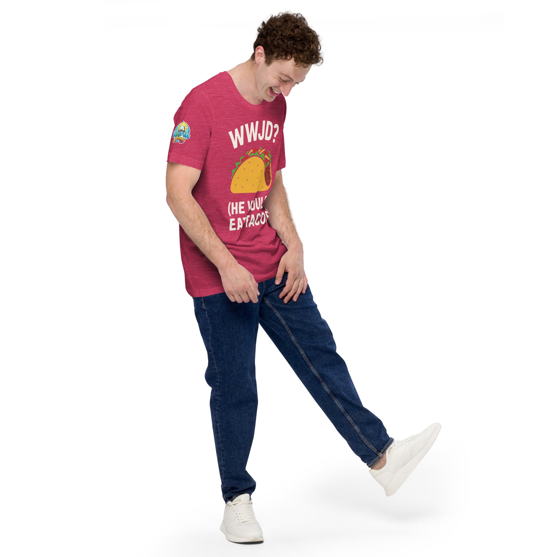 WWJD? (He Would Eat Tacos) – funny Christian t-shirt, heather raspberry, faith-based humor design by ReBirth Living