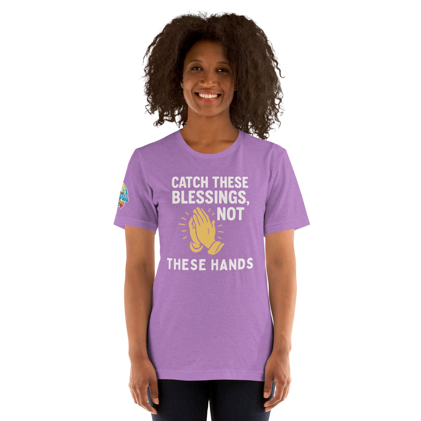 Model showcasing a Catch These Blessings, Not These Hands – funny Christian t-shirt, heather team purple, faith-based humor design with prayer hands by ReBirth Living