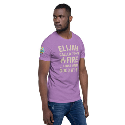 Model wearing a Elijah Called Down Fire… I Just Want Good Wi-Fi – funny Christian t-shirt, heather team purple, Bible humor design by ReBirth Living
