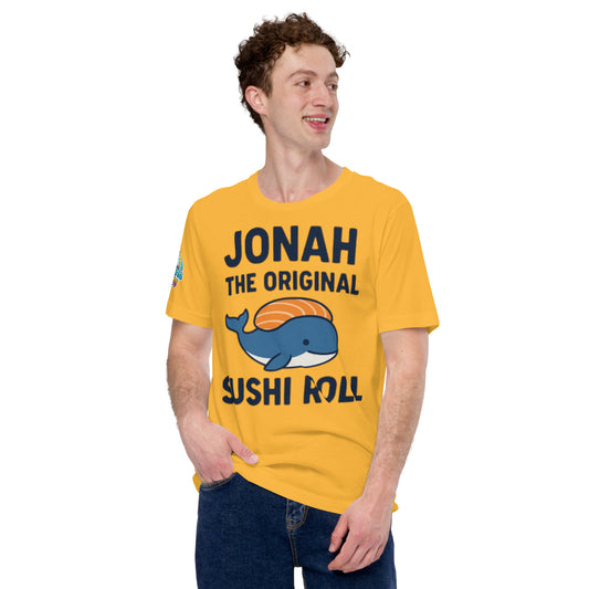 Model wearing “Jonah the Original Sushi Roll” – funny Christian unisex t-shirt, heather yellow gold, Bible humor design with blue whale carrying sushi by ReBirth Living