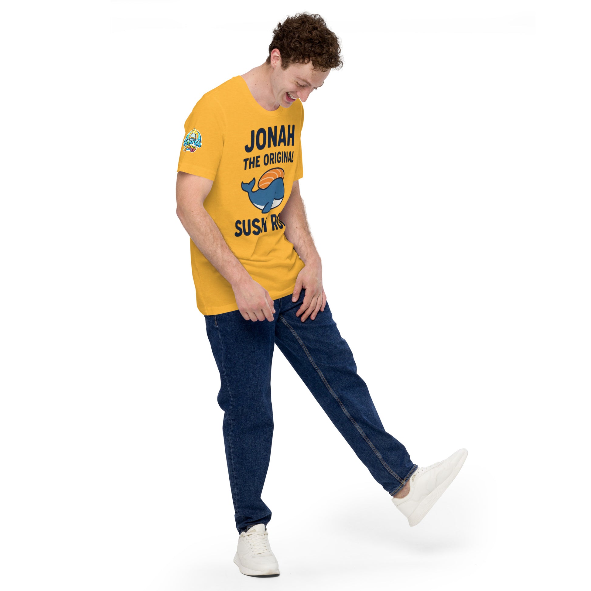 Model wearing “Jonah the Original Sushi Roll” – funny Christian unisex t-shirt, heather yellow gold, Bible humor design with blue whale carrying sushi by ReBirth Living