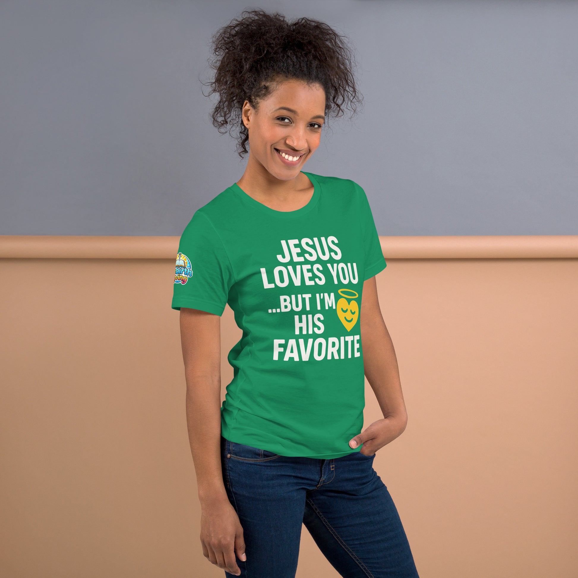 Model wearing “Jesus Loves You… But I’m His Favorite” – funny Christian t-shirt, kelly, faith humor design with golden smiling heart and halo by ReBirth Living