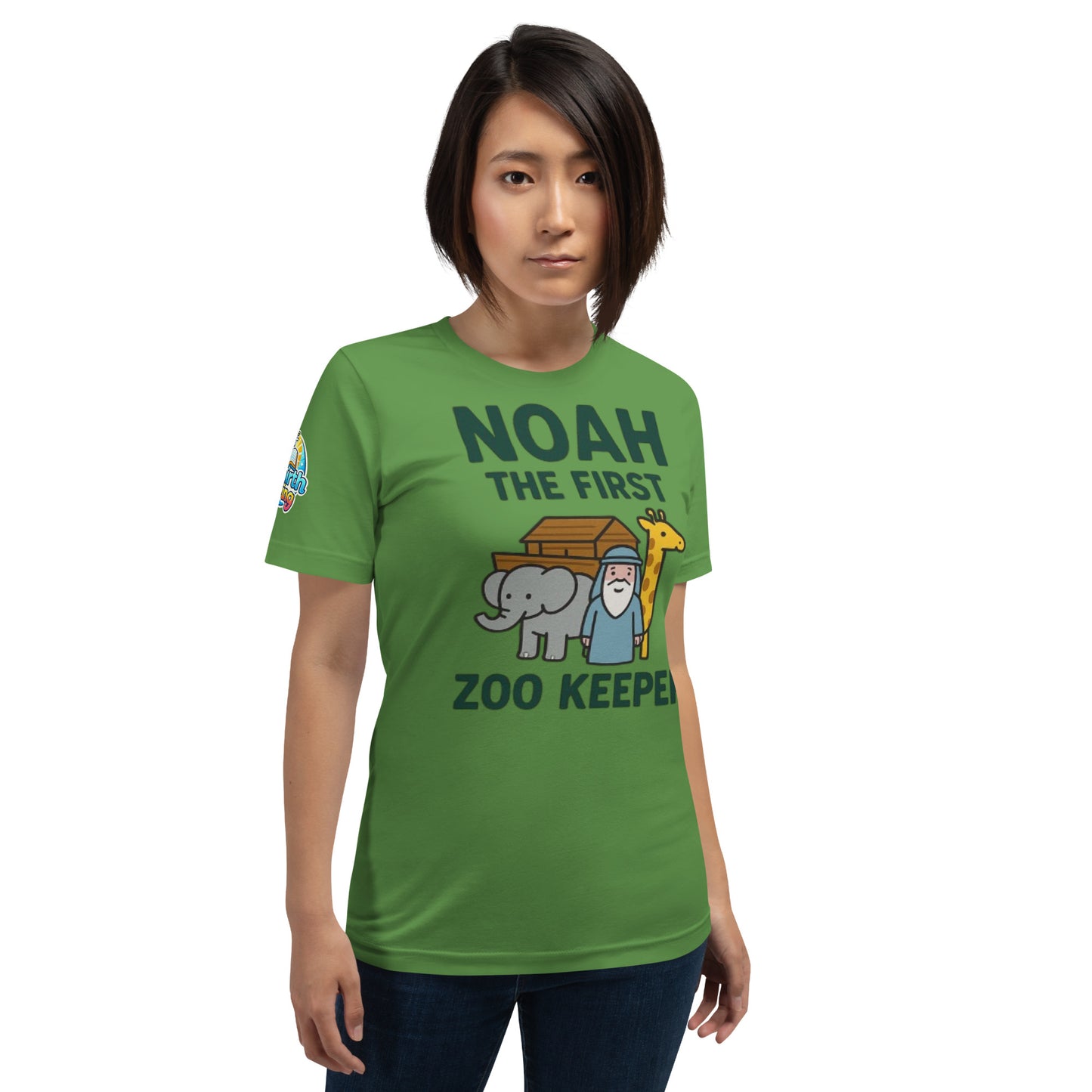 Model wearing a Noah the First Zoo Keeper – funny Christian t-shirt, leaf green, Bible humor animal design by ReBirth Living