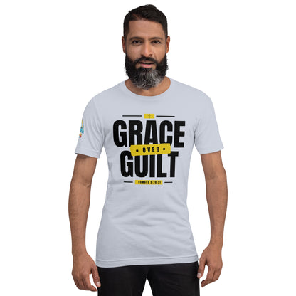 A Person is wearing a Grace Over Guilt Christian unisex t-shirt – Romans 5:20–21 KJV scripture design, light blue, faith-based apparel by ReBirth Living