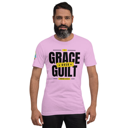A Person is wearing a Grace Over Guilt Christian unisex t-shirt – Romans 5:20–21 KJV scripture design, lilac, faith-based apparel by ReBirth Living