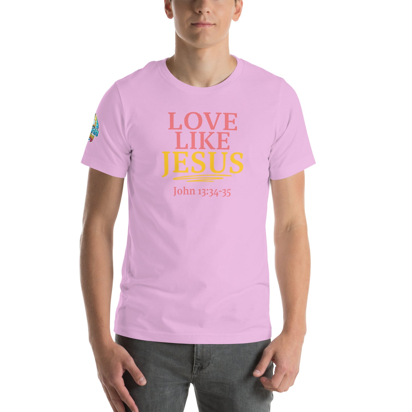 A person is wearing a Love Like Jesus Christian t-shirt – bold faith graphic tee for men and women, lilac, unisex design by ReBirth Living