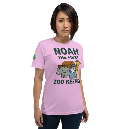 Model wearing a Noah the First Zoo Keeper – funny Christian t-shirt, lilac, Bible humor animal design by ReBirth Living
