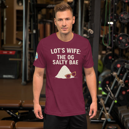 Model waring a Lot's Wife The OG Salty Bae – funny Christian t-shirt, maroon, Bible humor design by ReBirth Living in a gym setting.