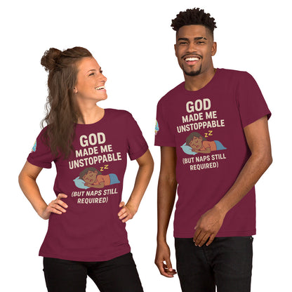 Models showcasing a God Made Me Unstoppable (But Naps Still Required) – funny Christian t-shirt, maroon, brown skin character design by ReBirth Living