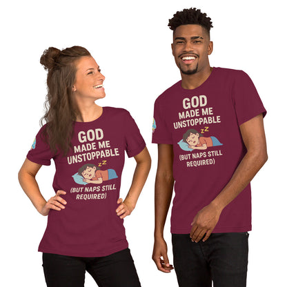 God Made Me Unstoppable (But Naps Still Required) – funny Christian t-shirt, maroon, light skin character design by ReBirth Living