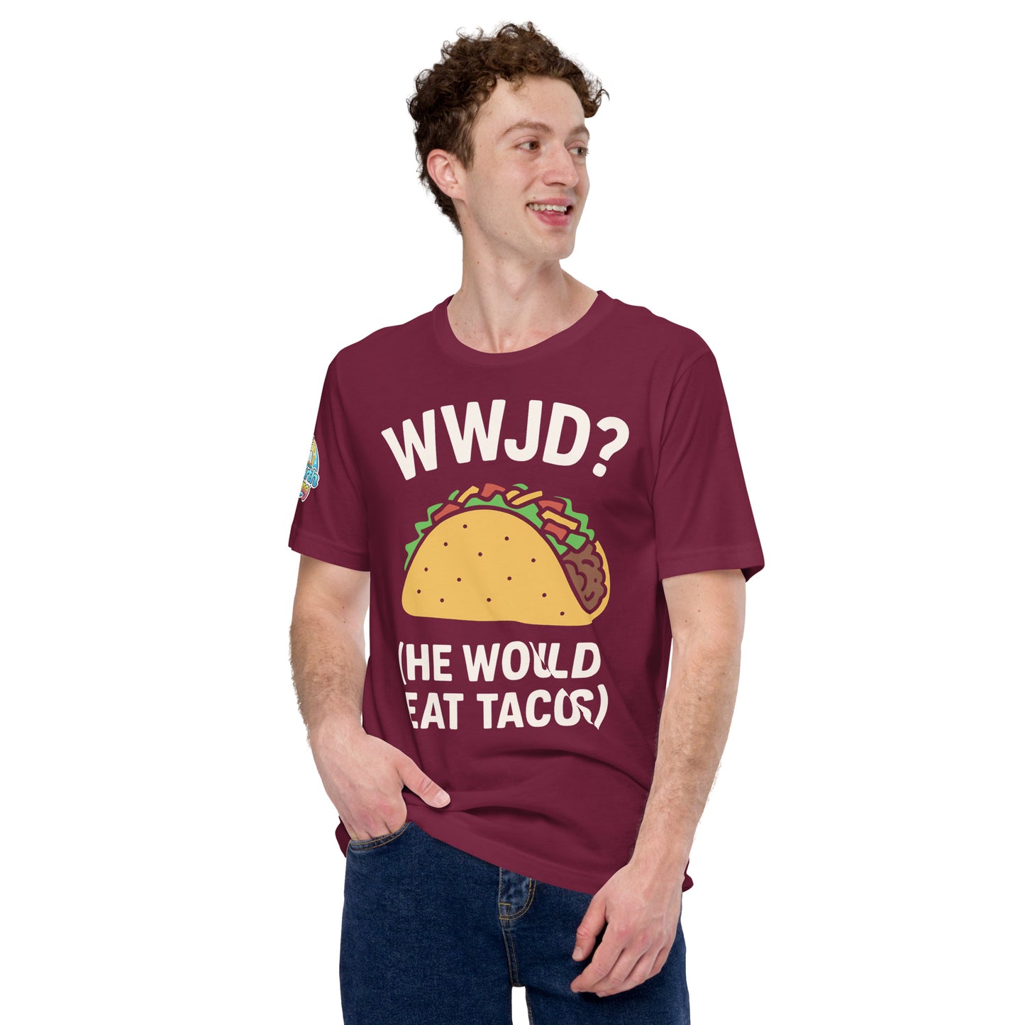 WWJD? (He Would Eat Tacos) – funny Christian t-shirt, maroon, with humorous faith-based design by ReBirth Living