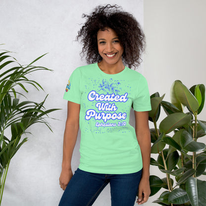 Created with Purpose unisex Christian t-shirt (XS–5XL) – Ephesians 2:10 KJV scripture design, mint, faith-based apparel by ReBirth Living