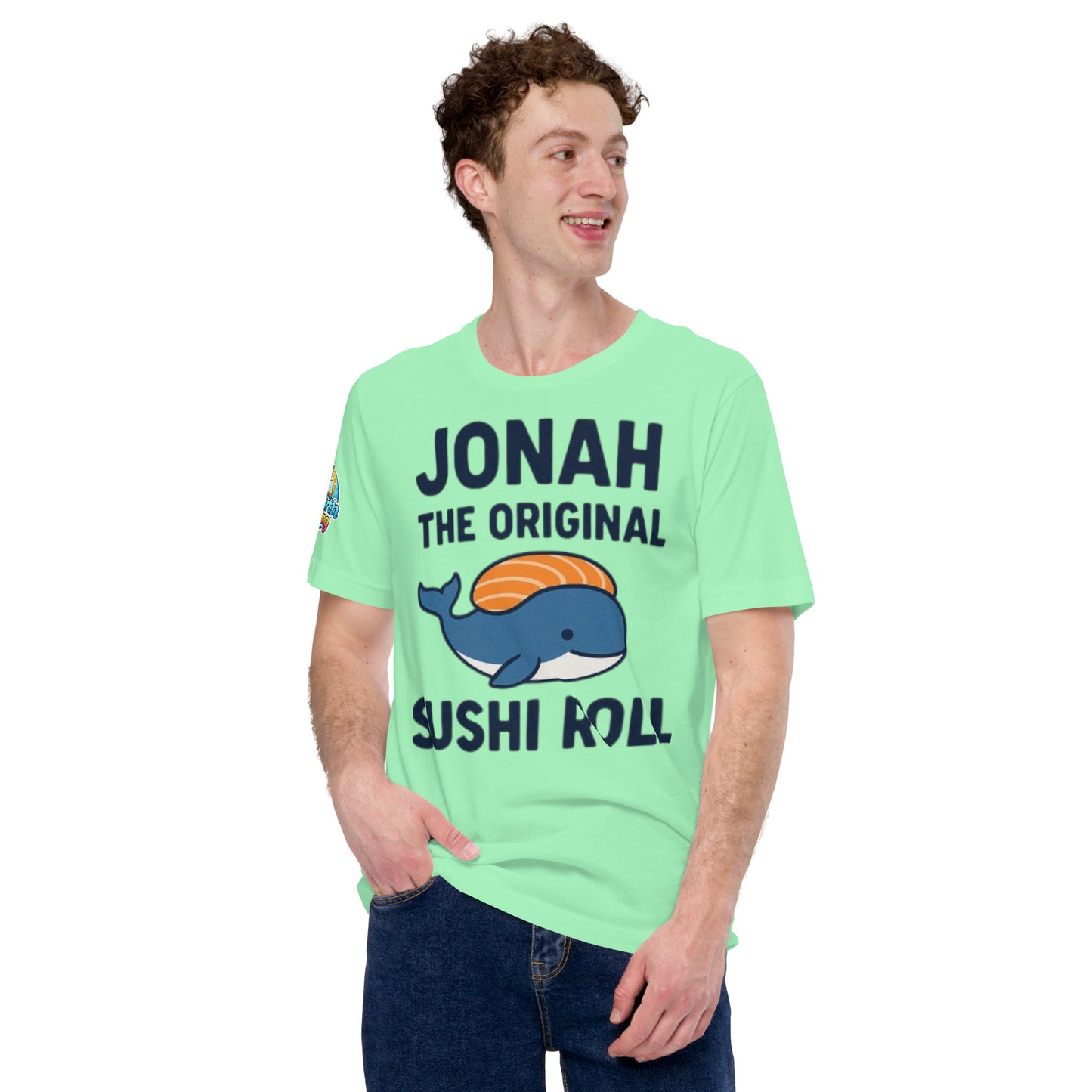 Model wearing “Jonah the Original Sushi Roll” – funny Christian unisex t-shirt, heather mint, Bible humor design with blue whale carrying sushi by ReBirth Living