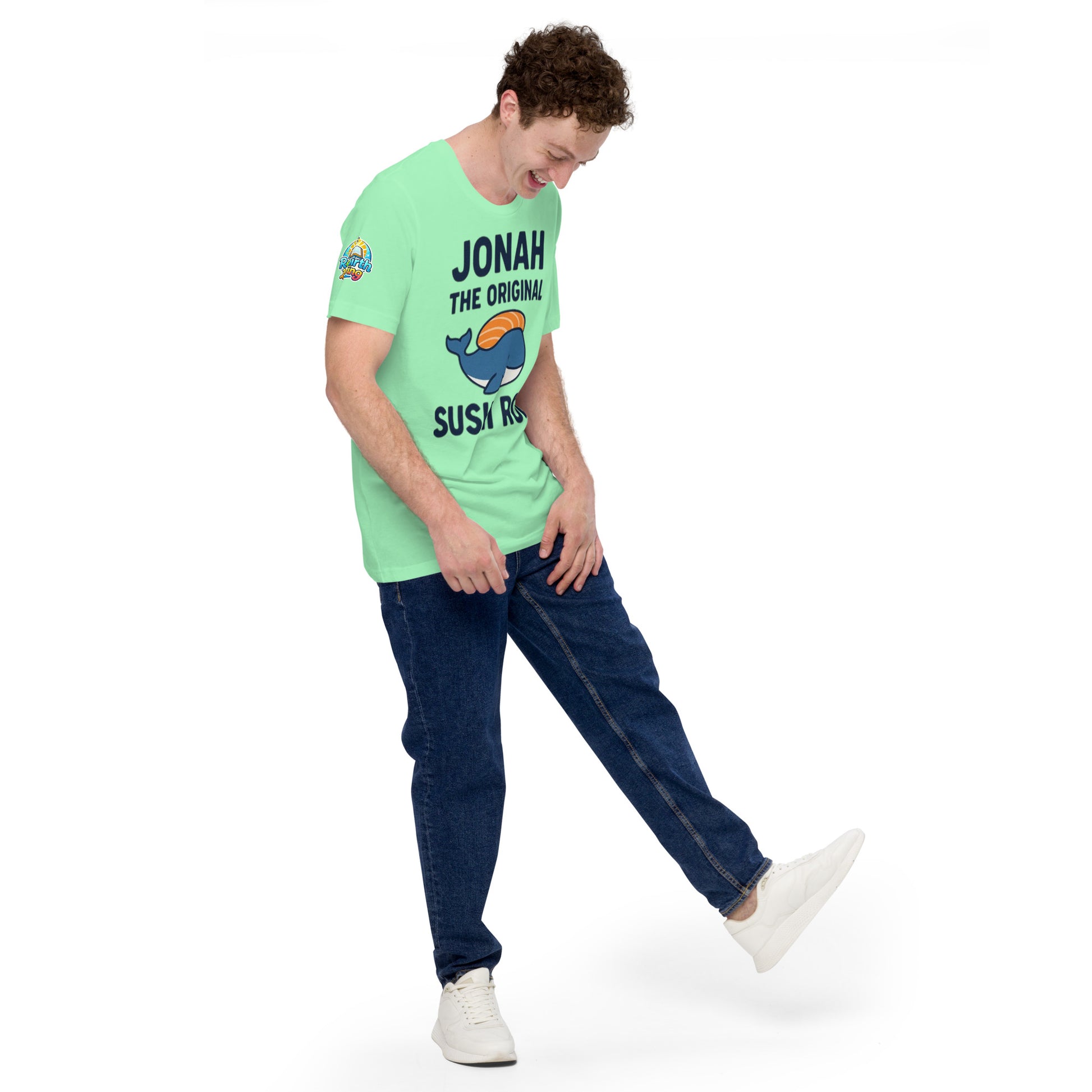 Model wearing “Jonah the Original Sushi Roll” – funny Christian unisex t-shirt, heather mint, Bible humor design with blue whale carrying sushi by ReBirth Living