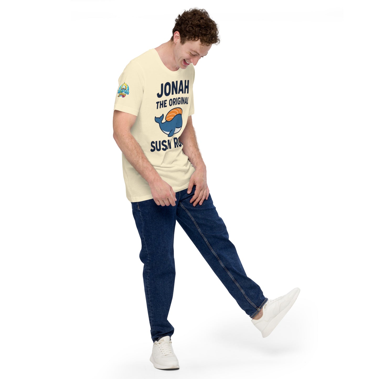 Model wearing “Jonah the Original Sushi Roll” – funny Christian unisex t-shirt, natural, Bible humor design with blue whale carrying sushi by ReBirth Living