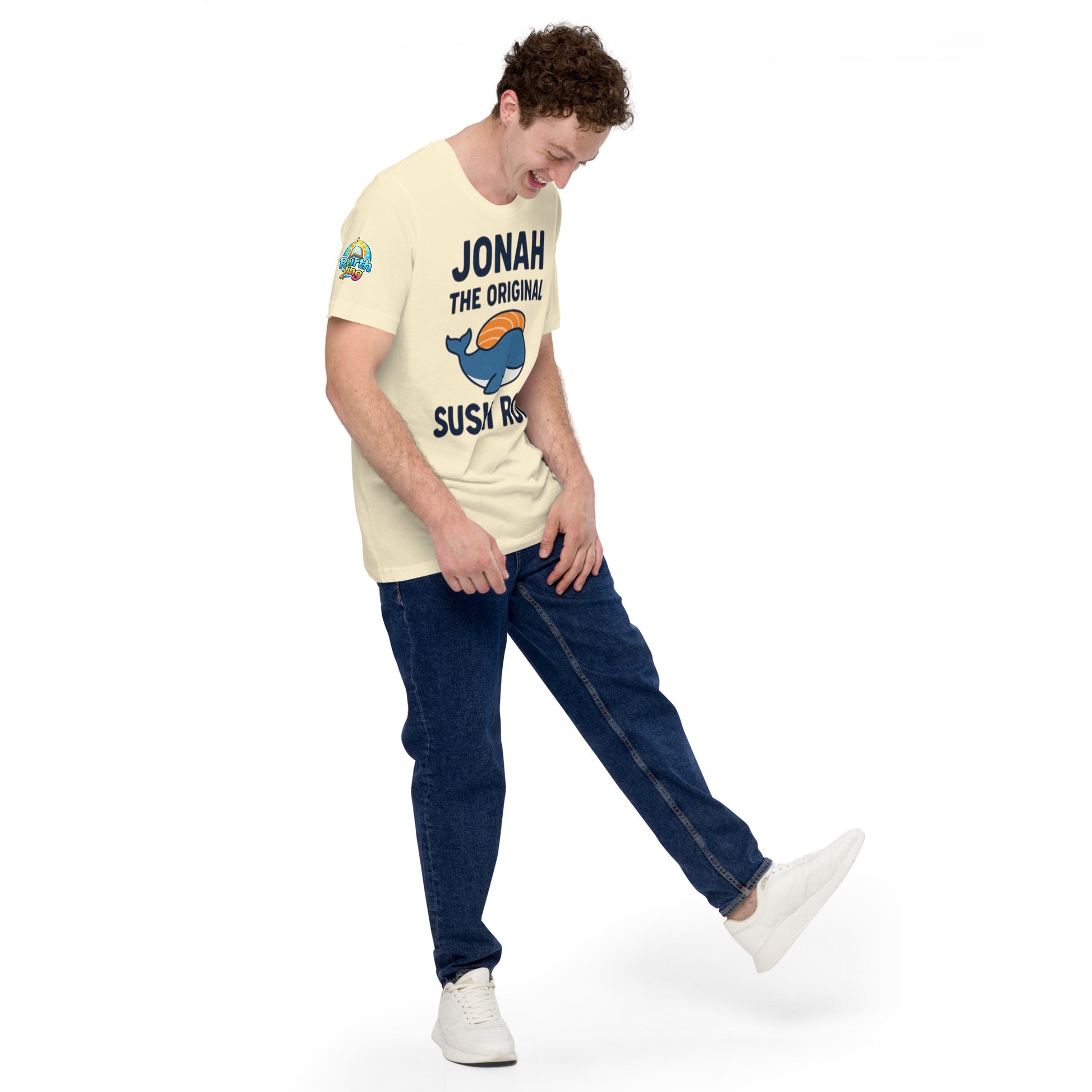 Model wearing “Jonah the Original Sushi Roll” – funny Christian unisex t-shirt, natural, Bible humor design with blue whale carrying sushi by ReBirth Living