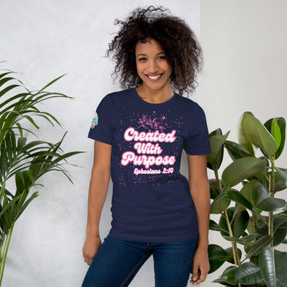 Person wearing a Created with Purpose unisex Christian t-shirt – scripture-inspired faith-based apparel, navy, XS–5XL by ReBirth Living