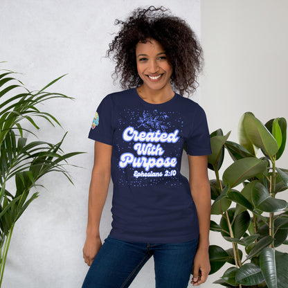 Created with Purpose unisex Christian t-shirt (XS–5XL) – Ephesians 2:10 KJV scripture design, navy, faith-based apparel by ReBirth Living