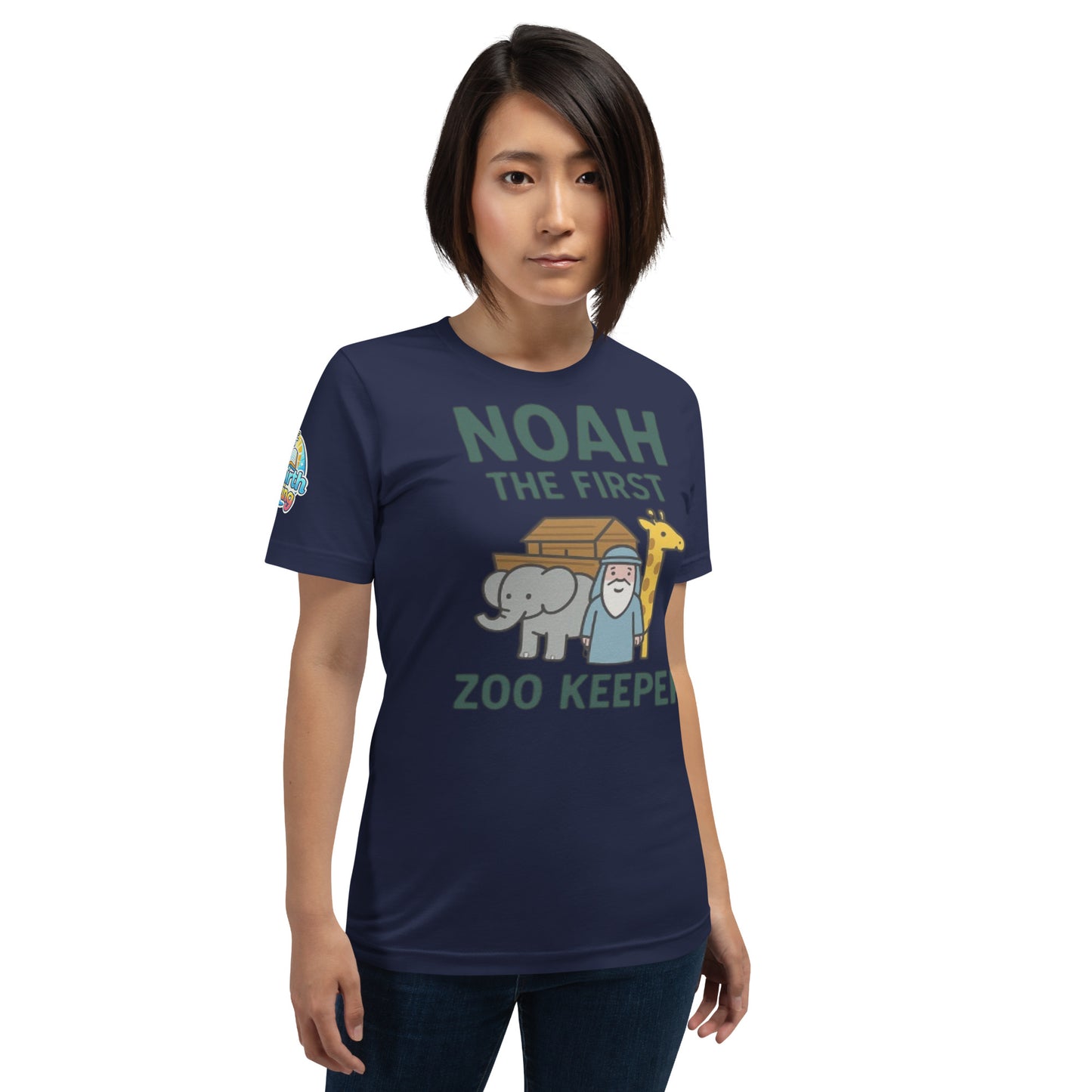 Model wearing a Noah the First Zoo Keeper – funny Christian t-shirt, navy, Bible humor animal design by ReBirth Living