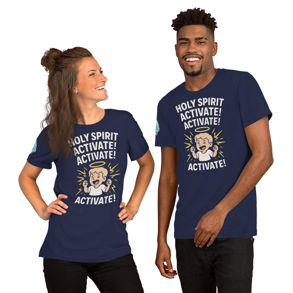 Models showcasing the Holy Spirit Activate! Activate! – funny Christian t-shirt, navy, light skin character design by ReBirth Living