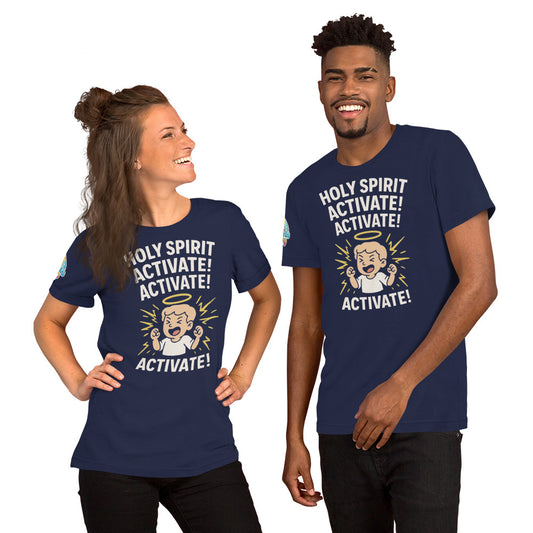 Models showcasing the Holy Spirit Activate! Activate! – funny Christian t-shirt, navy, light skin character design by ReBirth Living
