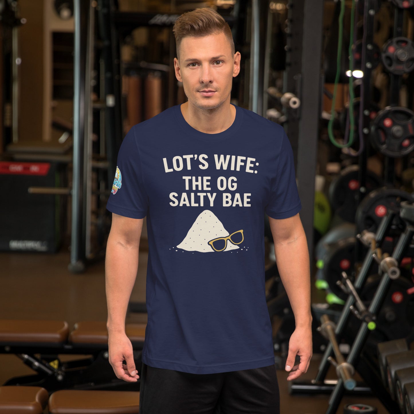 Model waring a Lot's Wife The OG Salty Bae – funny Christian t-shirt, navy, Bible humor design by ReBirth Living in a gym setting.