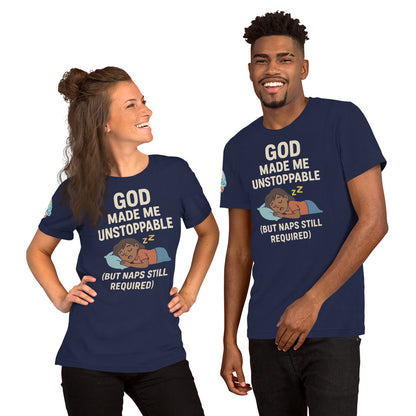 Models showcasing a God Made Me Unstoppable (But Naps Still Required) – funny Christian t-shirt, navy, brown skin character design by ReBirth Living