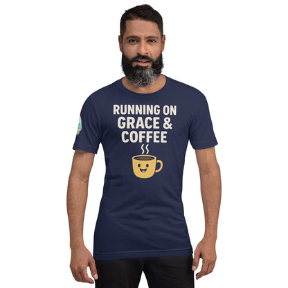 Running on Grace & Coffee – funny Christian t-shirt, navy, faith-based humor design by ReBirth Living