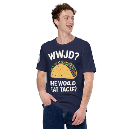 WWJD? (He Would Eat Tacos) – funny Christian t-shirt, navy, with humorous faith-based design by ReBirth Living