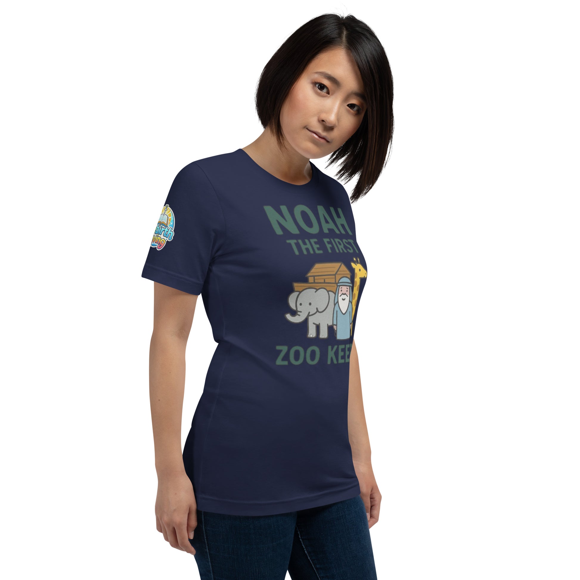 Model wearing a Noah the First Zoo Keeper – funny Christian t-shirt, navy, Bible humor animal design by ReBirth Living